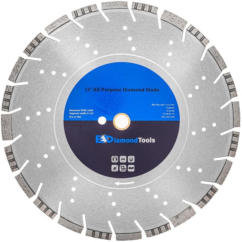 EDiamondTools 14" All Purpose Diamond Saw Blades for Hard/Reinforced Concrete, Asphalt, Granite, Terrazzo, Ductile Iron Piping, 4-5/8" Cutting Depth, 1" Arbor - Image 1